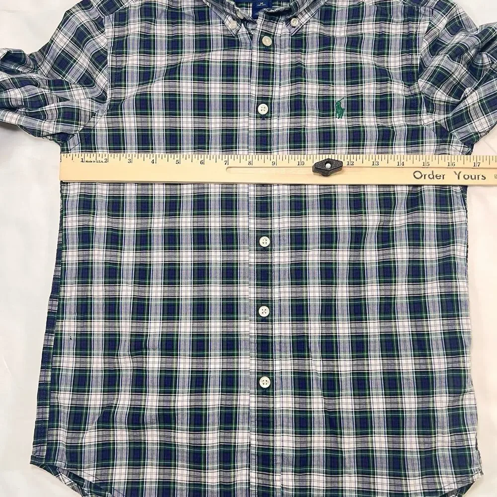 Ralph Lauren Shirt Boys Size M (10-12) Blue Green Tartan Plaid Button Down Polo